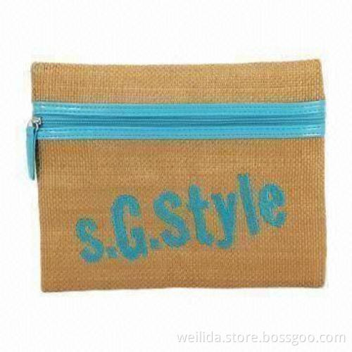 Straw Cosmetic Bag with PU Stripes for Decoration
